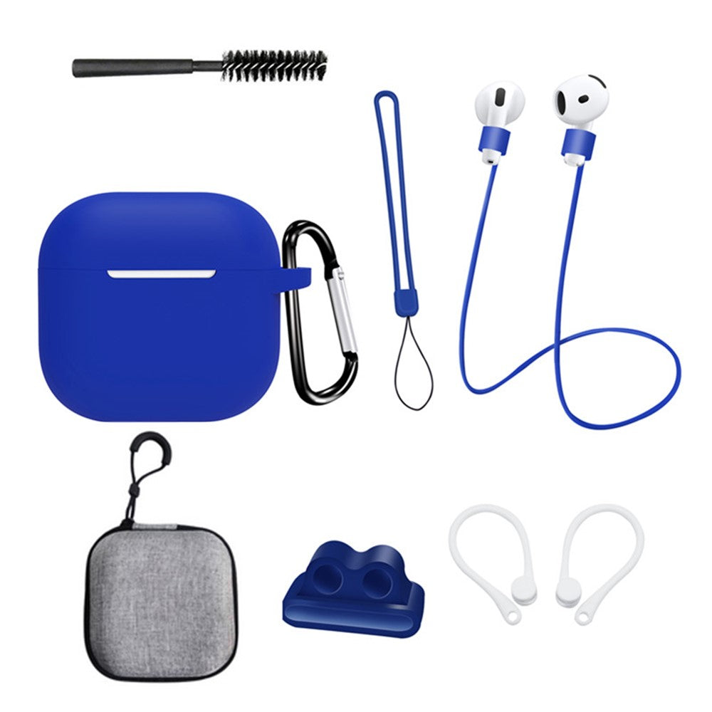 8 Pcs  /  Set Compatible With  AirPods 5 / 4 Protective Case Set with Anti-Lost Strap Watch Clip Ear Hooks Carabiner Cleaning Brush Grey Bag - Blue