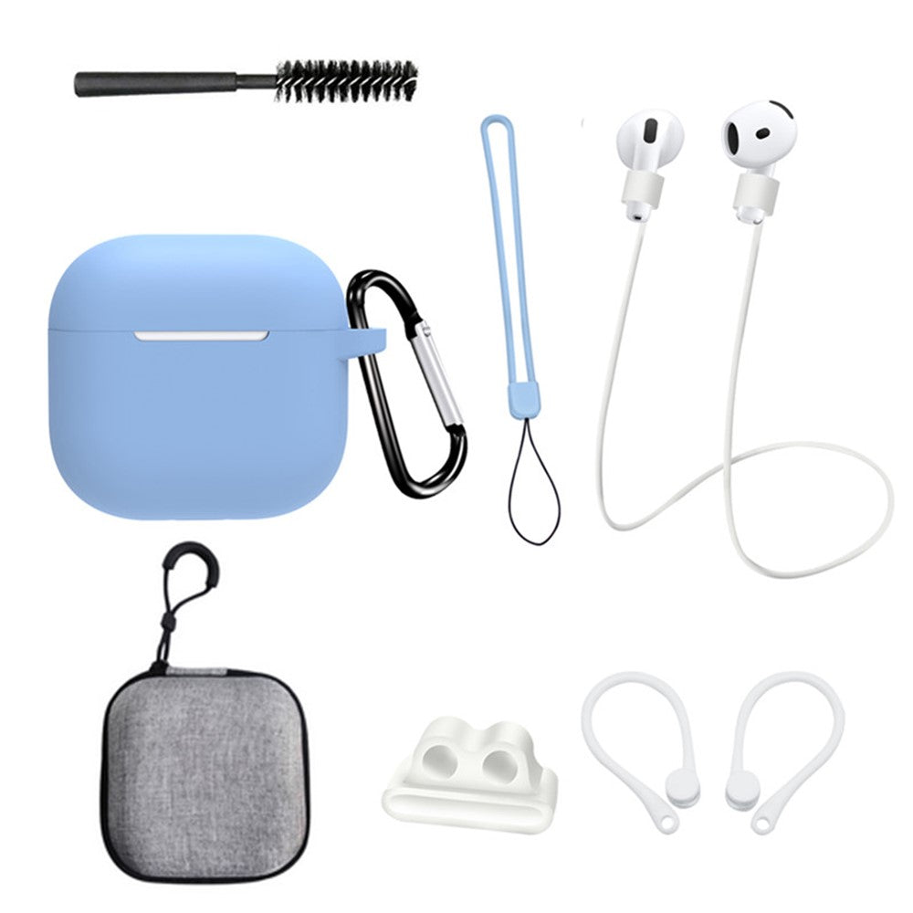 8 Pcs  /  Set Compatible With  AirPods 5 / 4 Protective Case Set with Anti-Lost Strap Watch Clip Ear Hooks Carabiner Cleaning Brush Grey Bag - Baby Blue