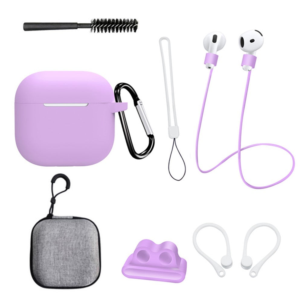 8 Pcs  /  Set Compatible With  AirPods 5 / 4 Protective Case Set with Anti-Lost Strap Watch Clip Ear Hooks Carabiner Cleaning Brush Grey Bag - Light Purple