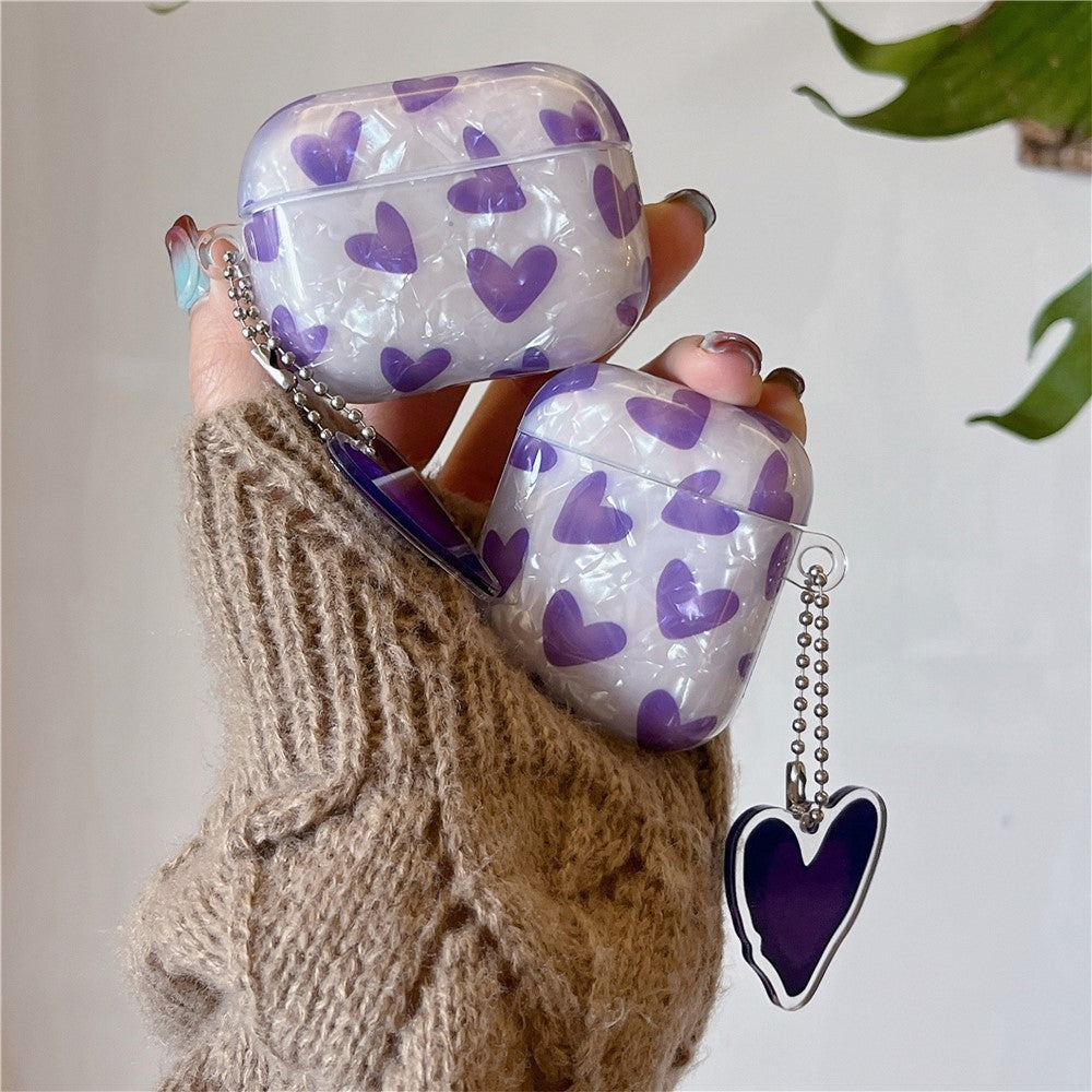 Compatible With  AirPods 5 / 4 Earphone Case Shell Pattern Heart TPU Cover with Heart Pendant - Purple