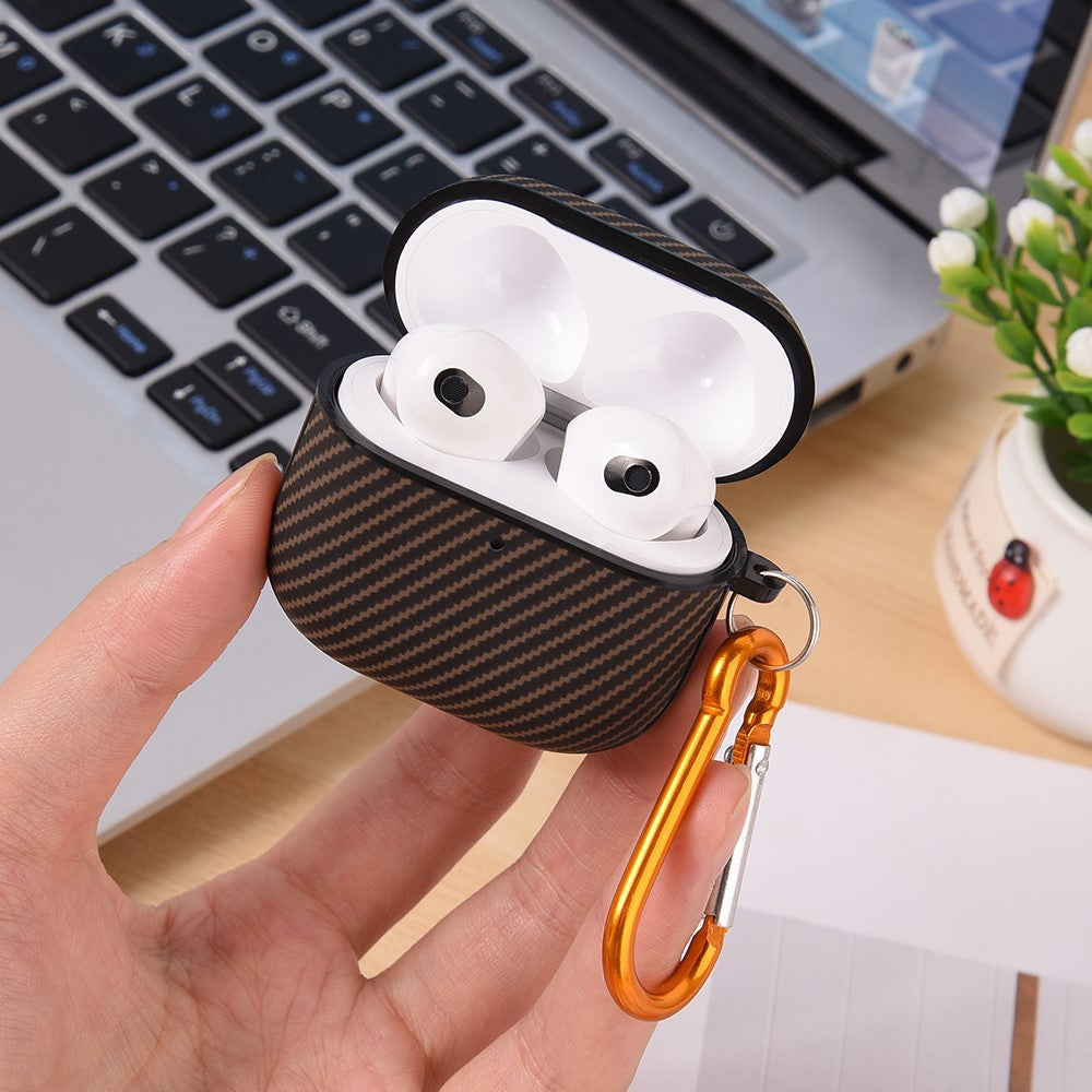 Compatible With  AirPods 5 / 4 Case Carbon Fiber Texture TPU PU Earbuds Protective Cover with Hook - Brown