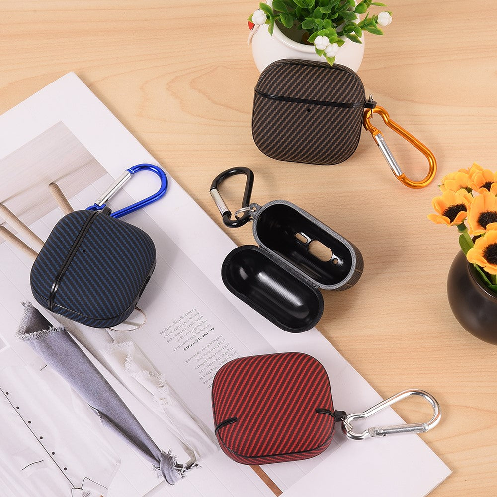 Compatible With  AirPods 5 / 4 Case Carbon Fiber Texture TPU PU Earbuds Protective Cover with Hook - Brown
