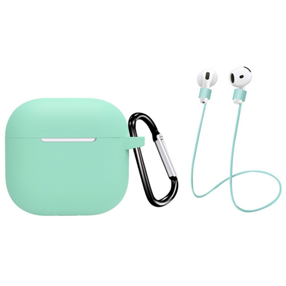 Compatible With  AirPods 5 / 4 Earbuds Silicone Case with Earphones Anti-Lost Strap and Carabiner - Mint Green