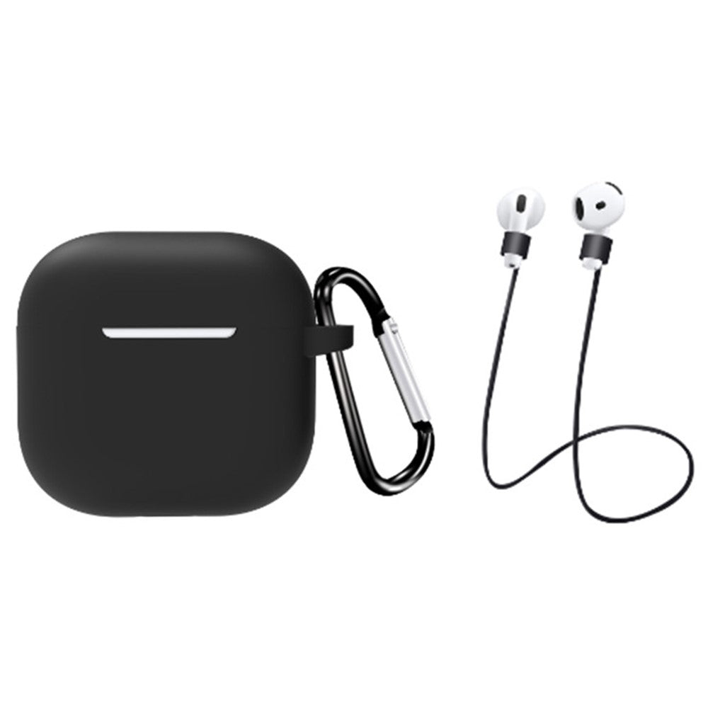 Compatible With  AirPods 5 / 4 Earbuds Silicone Case with Earphones Anti-Lost Strap and Carabiner - Black
