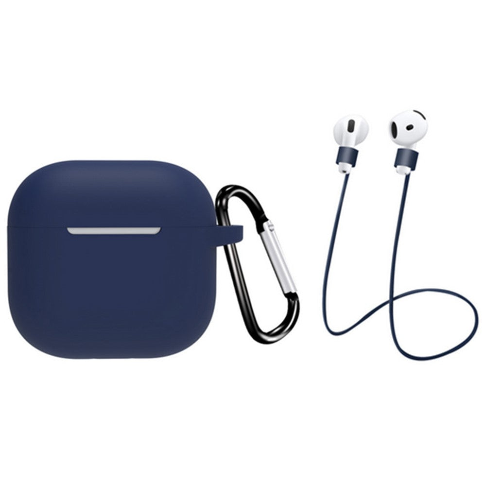 Compatible With  AirPods 5 / 4 Earbuds Silicone Case with Earphones Anti-Lost Strap and Carabiner - Dark Blue
