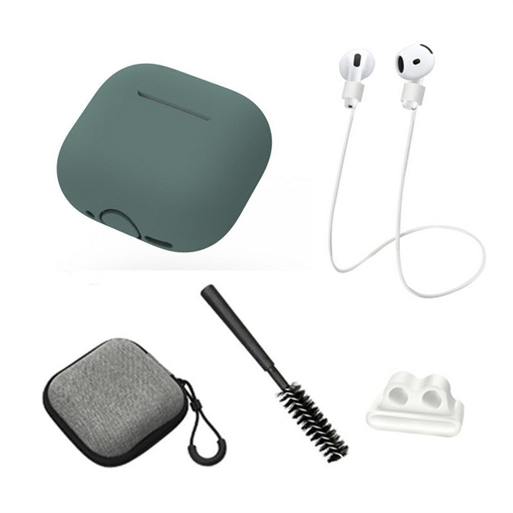 Compatible With  AirPods 5 / 4 Earphones 5 in 1 Protective Case + Anti Lost Rope + Storage Case + Brush + Watch Band Earbud Holder - Midnight Green