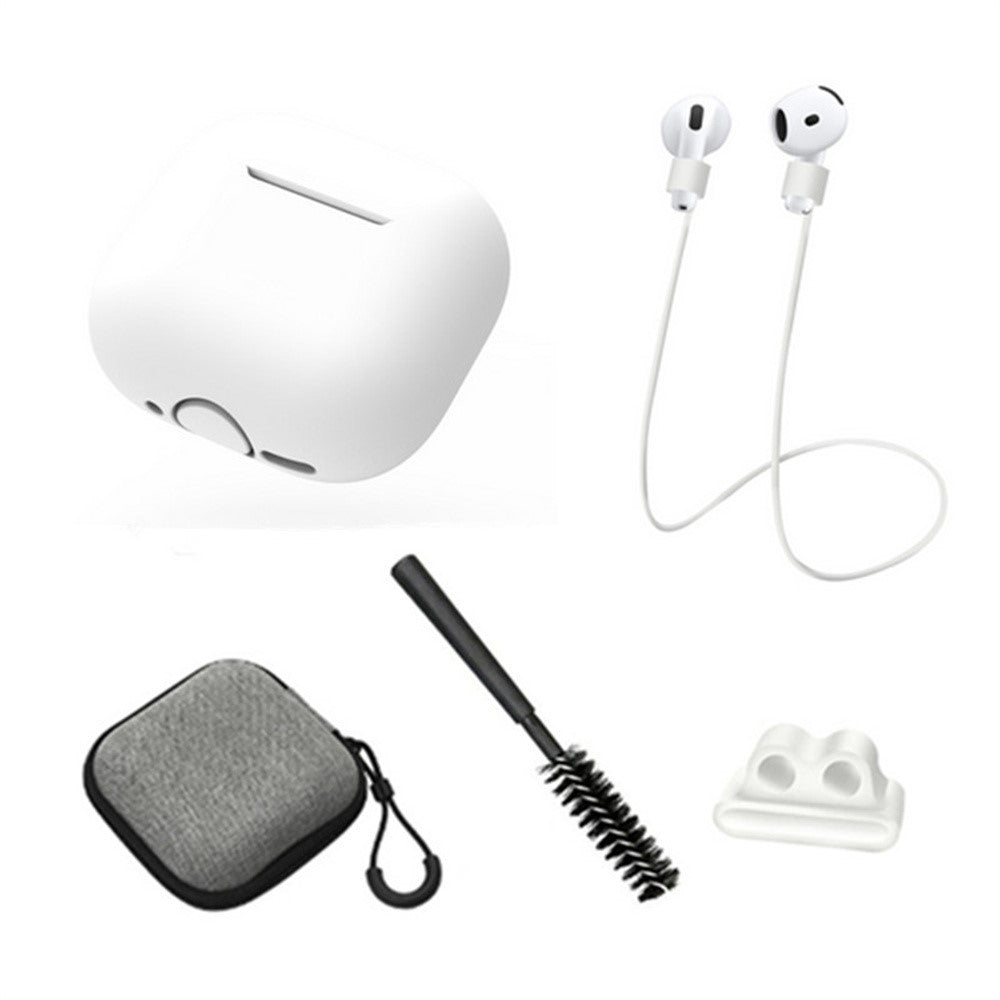 Compatible With  AirPods 5 / 4 Earphones 5 in 1 Protective Case + Anti Lost Rope + Storage Case + Brush + Watch Band Earbud Holder - White