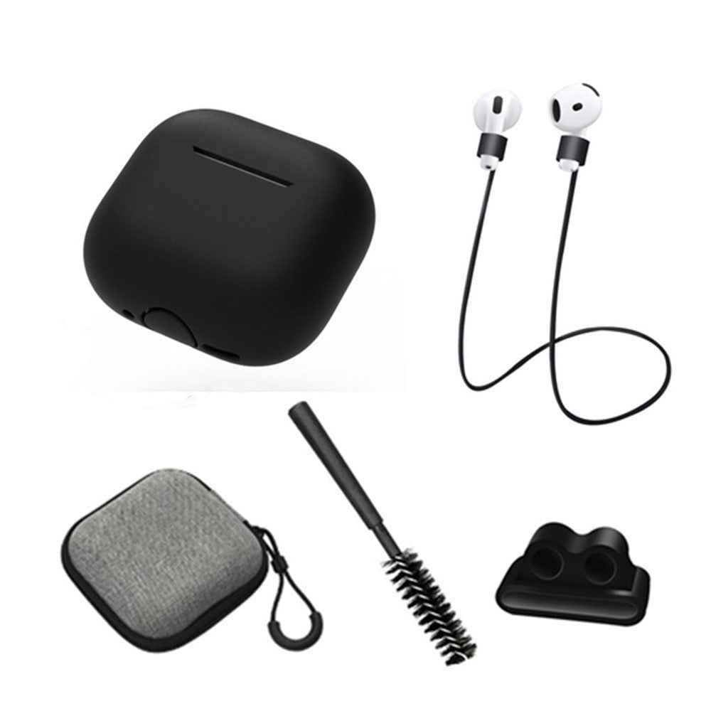Compatible With  AirPods 5 / 4 Earphones 5 in 1 Protective Case + Anti Lost Rope + Storage Case + Brush + Watch Band Earbud Holder - Black