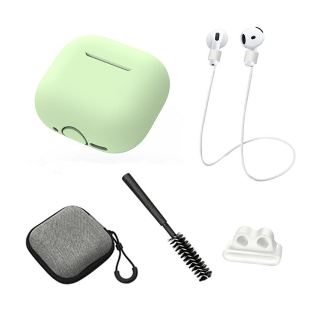 Compatible With  AirPods 5 / 4 Earphones 5 in 1 Protective Case + Anti Lost Rope + Storage Case + Brush + Watch Band Earbud Holder - Matcha Green