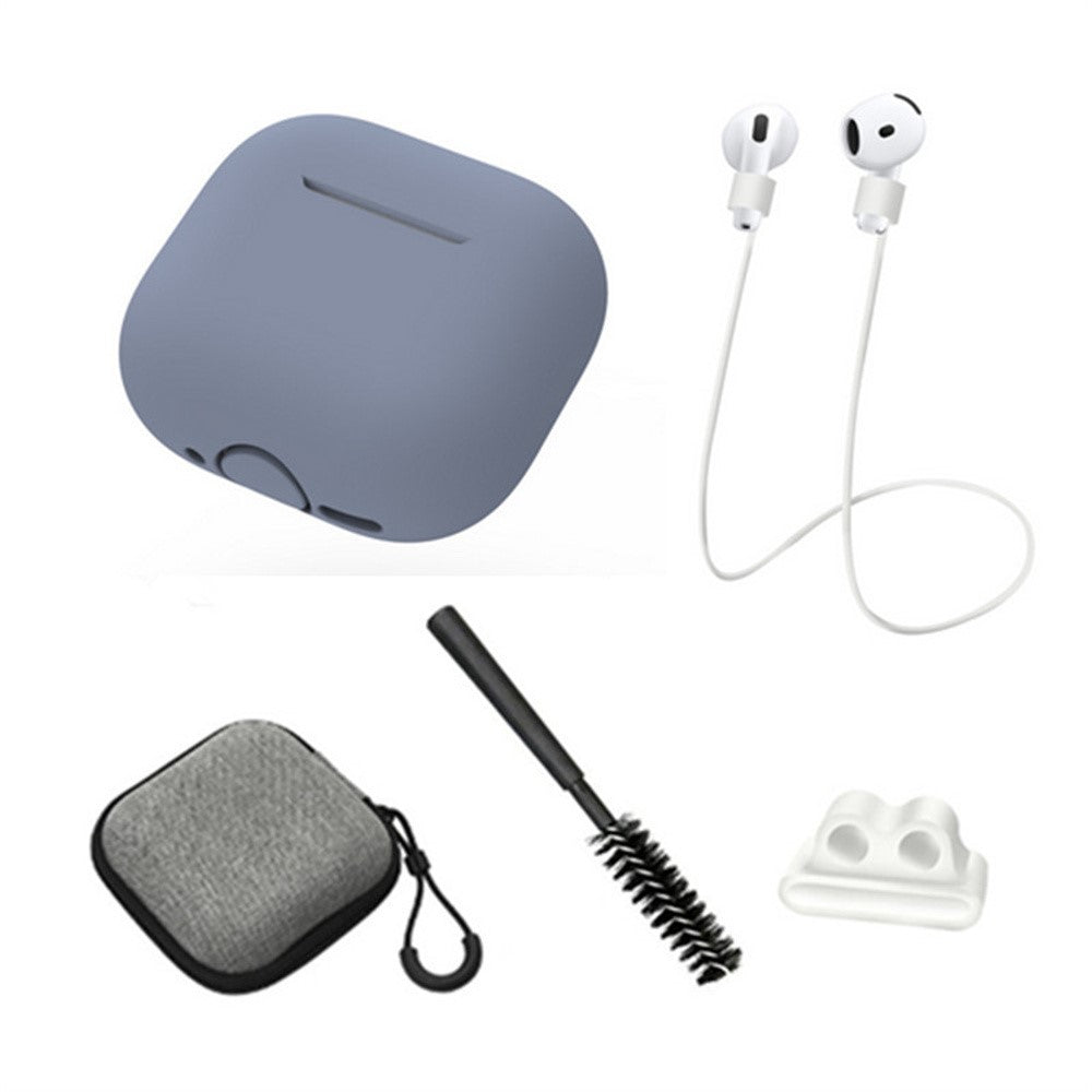 Compatible With  AirPods 5 / 4 Earphones 5 in 1 Protective Case + Anti Lost Rope + Storage Case + Brush + Watch Band Earbud Holder - Lavender Grey