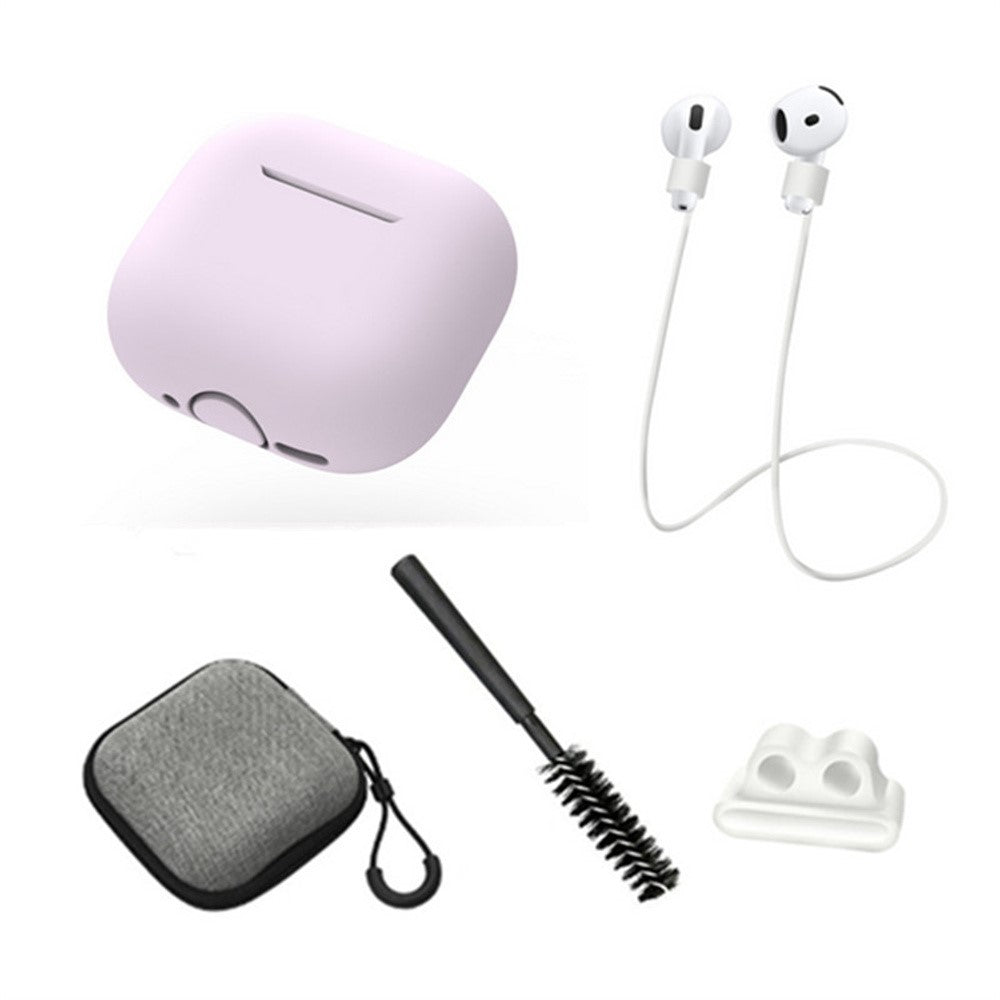 Compatible With  AirPods 5 / 4 Earphones 5 in 1 Protective Case + Anti Lost Rope + Storage Case + Brush + Watch Band Earbud Holder - Purple