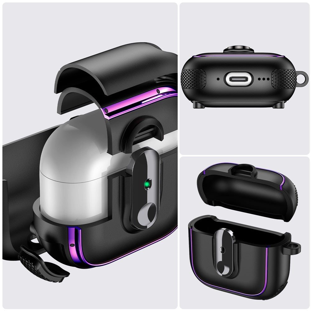 Compatible With  AirPods 5 / 4 Case Armor Electroplated TPU + PC Earphone Cover with Lock Buckle and Carabiner - Black  /  Dark Blue