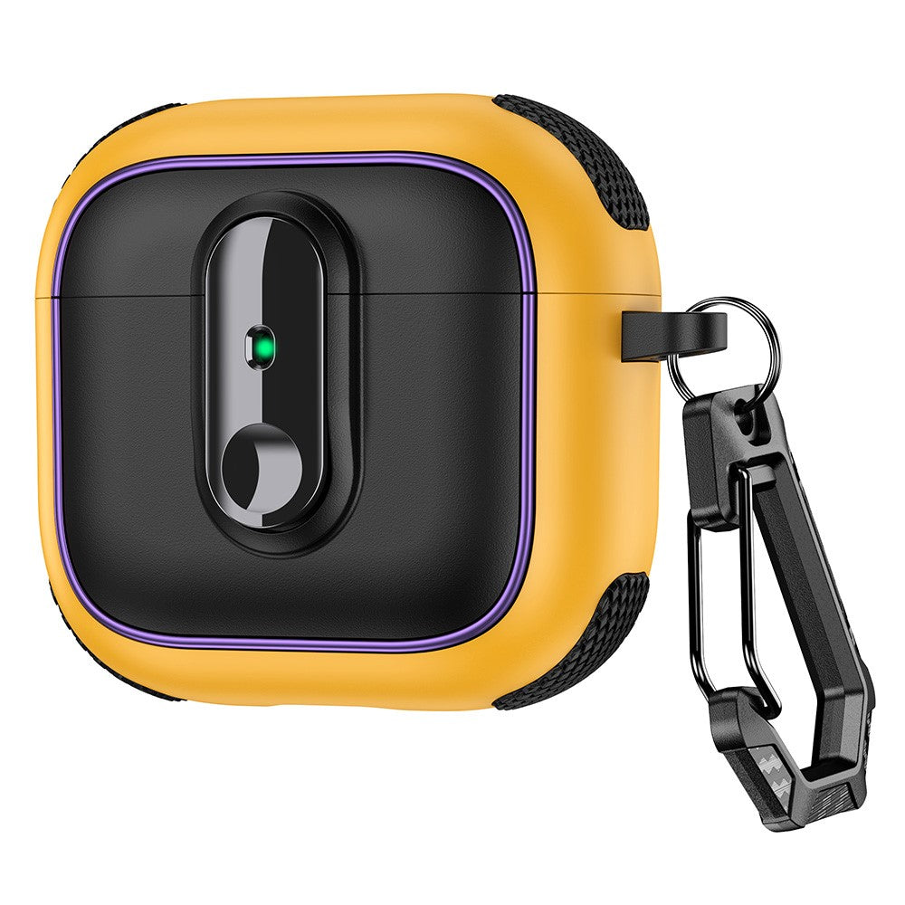 Compatible With  AirPods 5 / 4 Case Armor Electroplated TPU + PC Earphone Cover with Lock Buckle and Carabiner - Black  /  Yellow