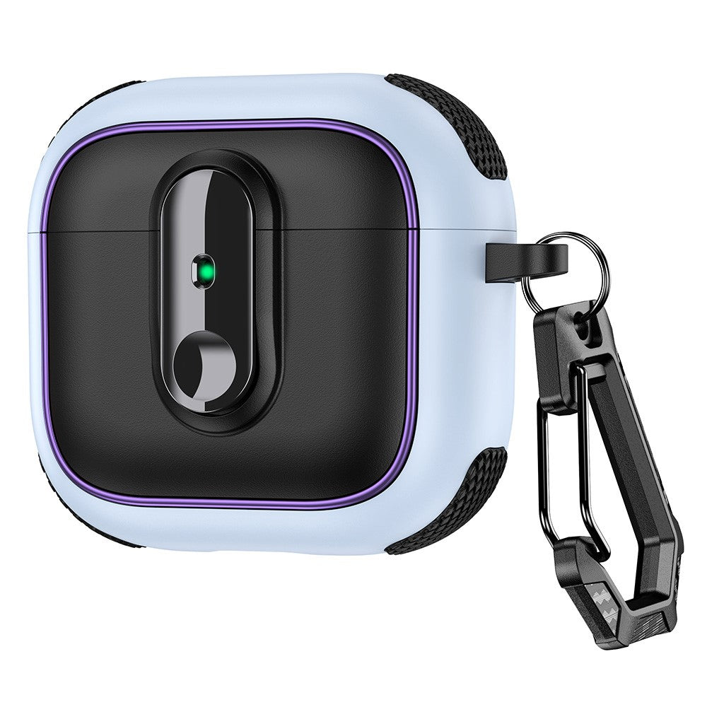 Compatible With  AirPods 5 / 4 Case Armor Electroplated TPU + PC Earphone Cover with Lock Buckle and Carabiner - Black  /  Baby Blue