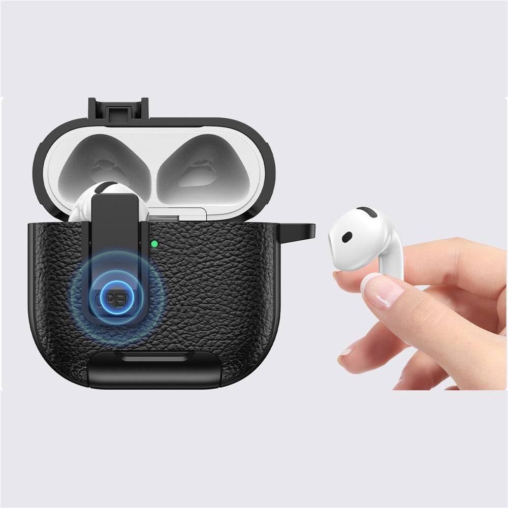 Compatible With  AirPods 5 / 4 Protective Case with Stand Litchi Texture Leather TPU + PC Earphone Cover with Lock Buckle and Carabiner - Black