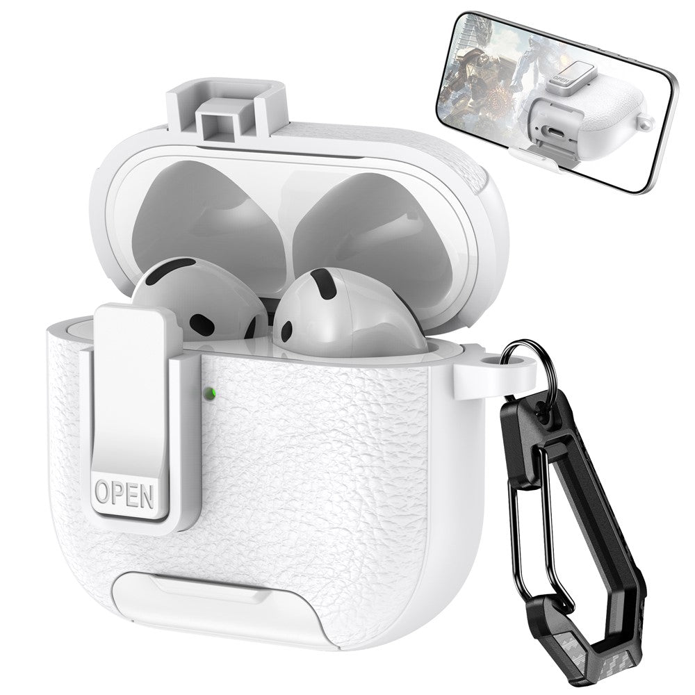 Compatible With  AirPods 5 / 4 Protective Case with Stand Litchi Texture Leather TPU + PC Earphone Cover with Lock Buckle and Carabiner - White