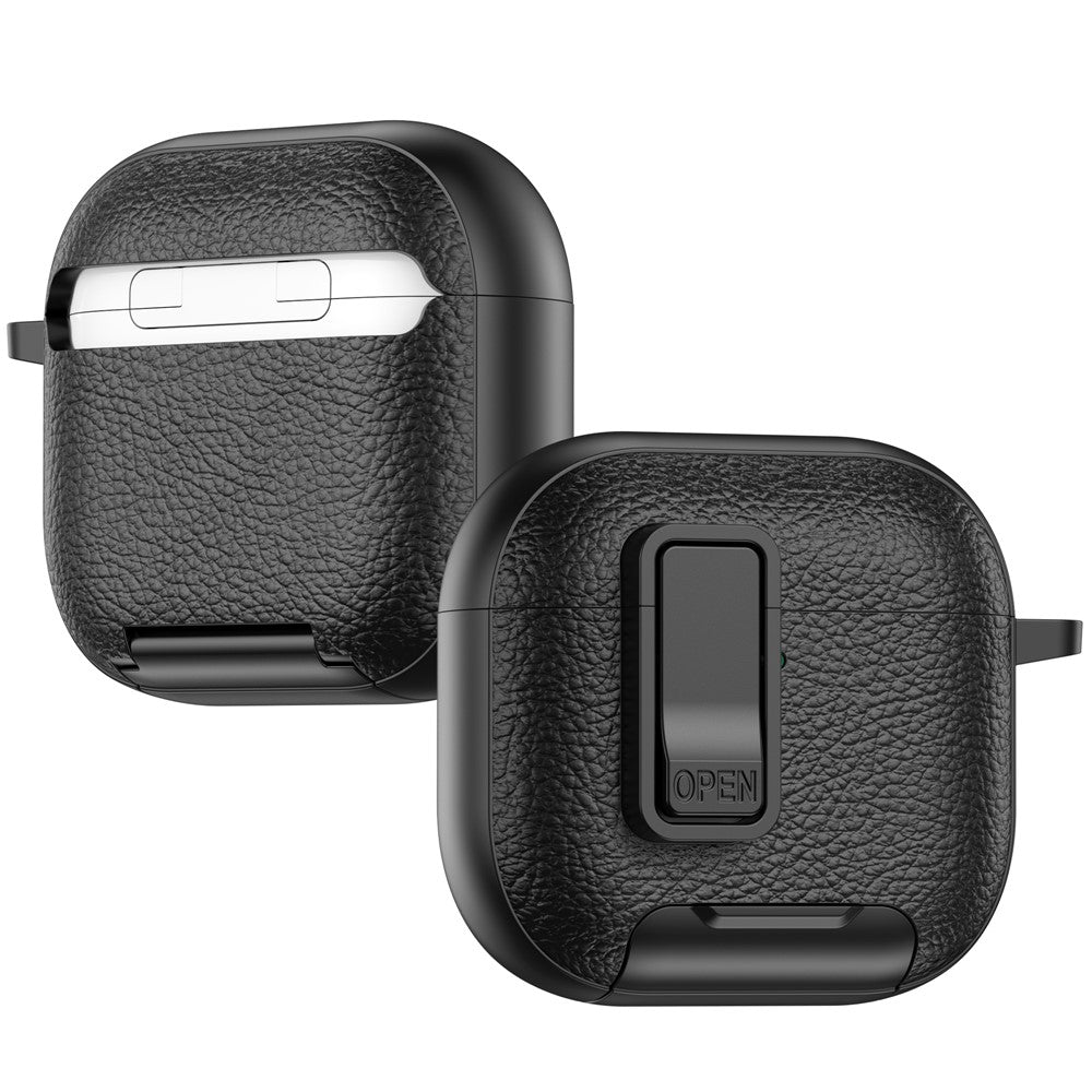 Compatible With  AirPods 5 / 4 Protective Case with Stand Litchi Texture Leather TPU + PC Earphone Cover with Lock Buckle and Carabiner - White