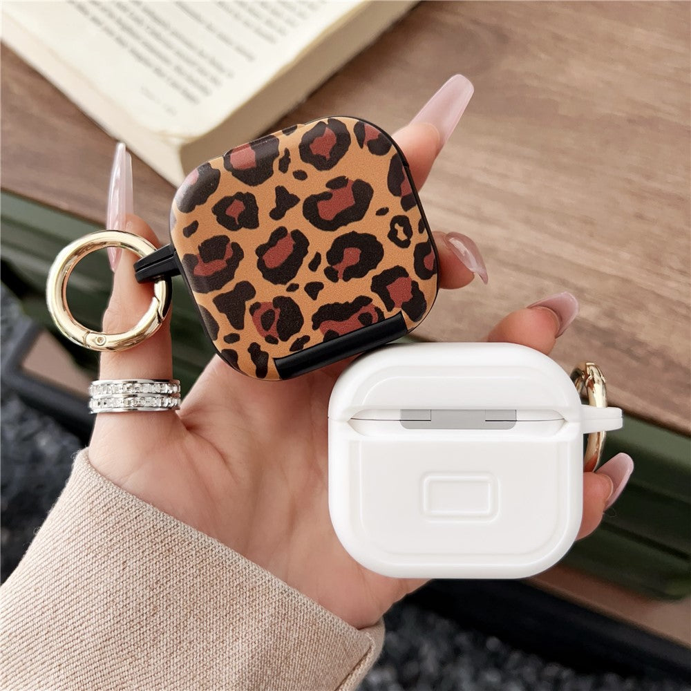 Compatible With  AirPods 5 / 4 Protective Case PC + TPU Leopard Earphone Cover with Mirror and Hook - White