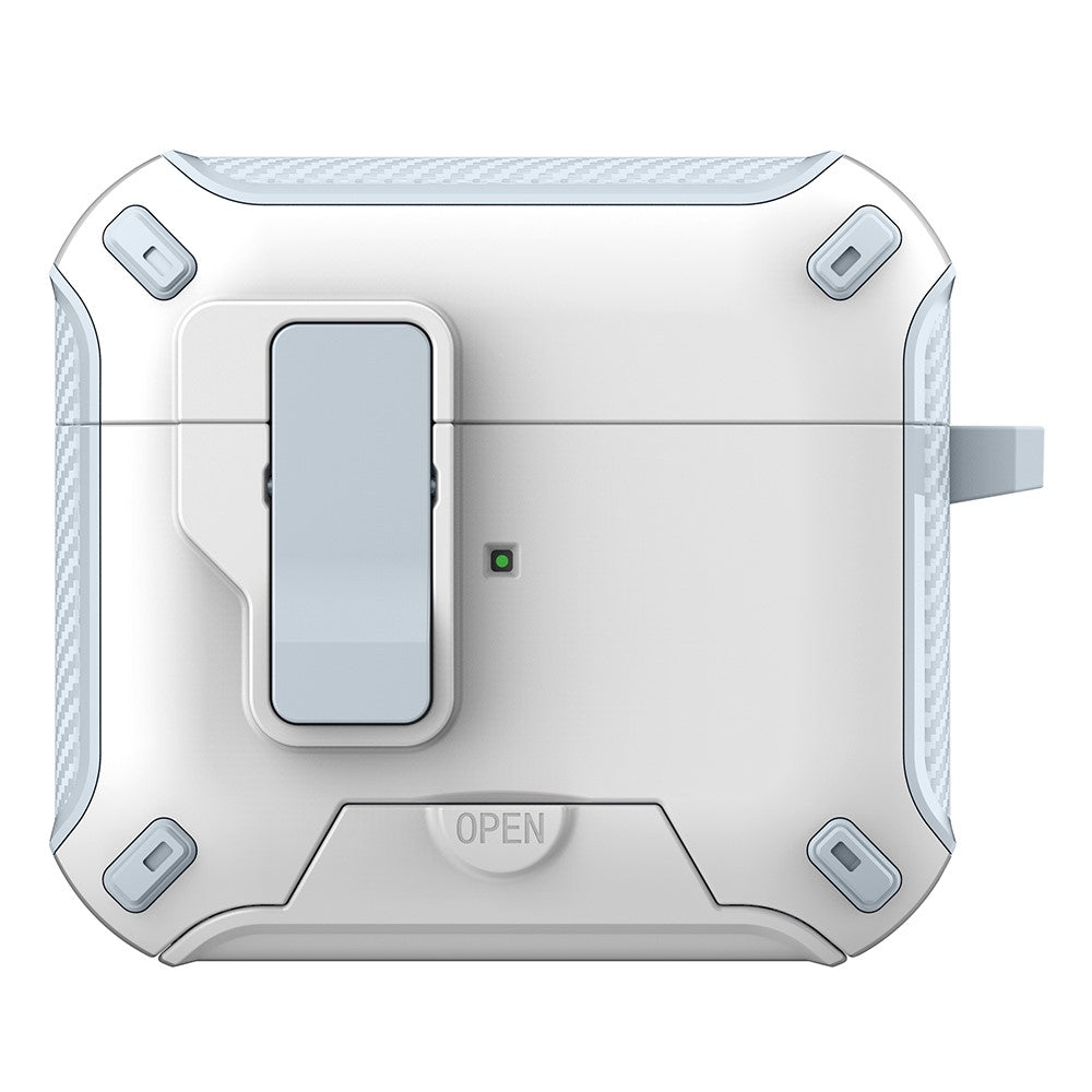 Compatible With  AirPods 5 / 4 Magnetic Case with Stand TPU + PC Earphone Cover with Switch and Carabiner - White  /  Baby Blue