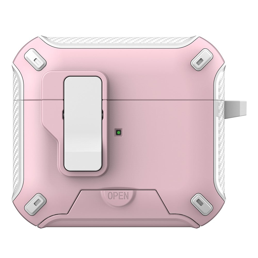 Compatible With  AirPods 5 / 4 Magnetic Case with Stand TPU + PC Earphone Cover with Switch and Carabiner - White  /  Pink