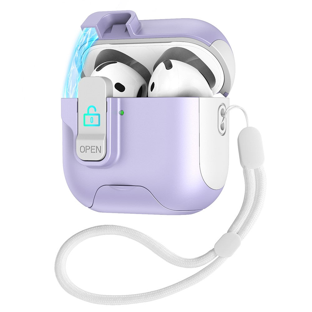 Compatible With  AirPods 5 / 4 Protective Case Splicing Color Earphone Cover with Auto Pop-Up Magnetic Lid  /  Lanyard - White  /  Purple