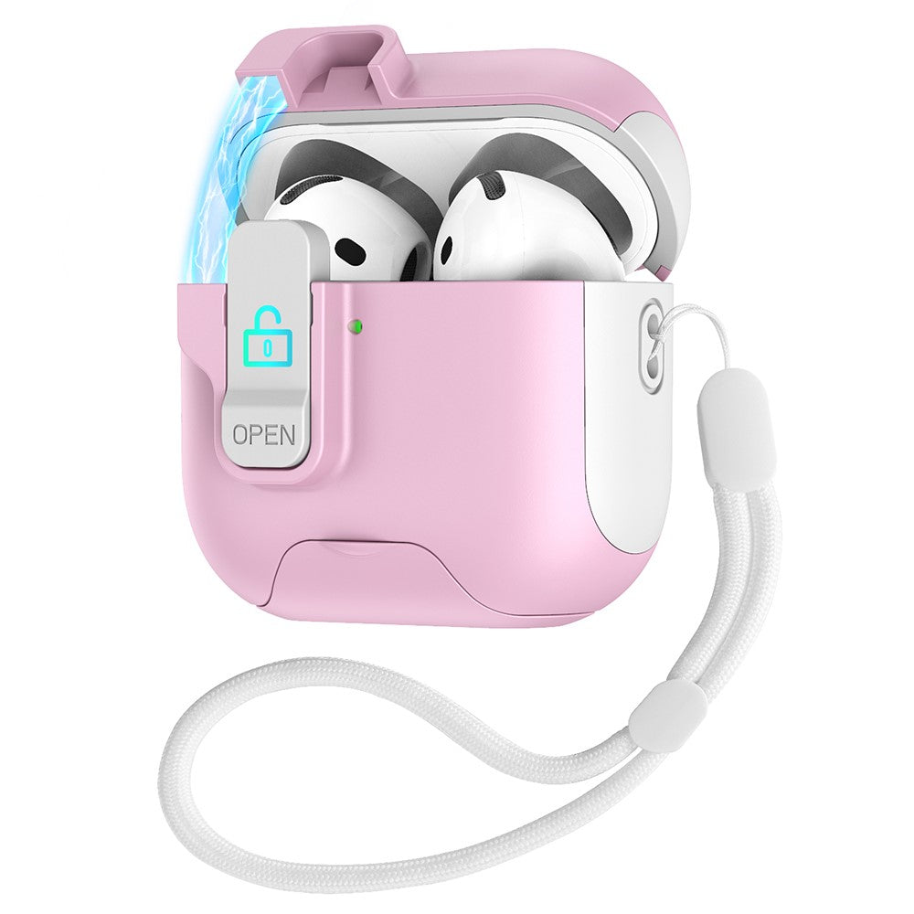 Compatible With  AirPods 5 / 4 Protective Case Splicing Color Earphone Cover with Auto Pop-Up Magnetic Lid  /  Lanyard - White  /  Pink