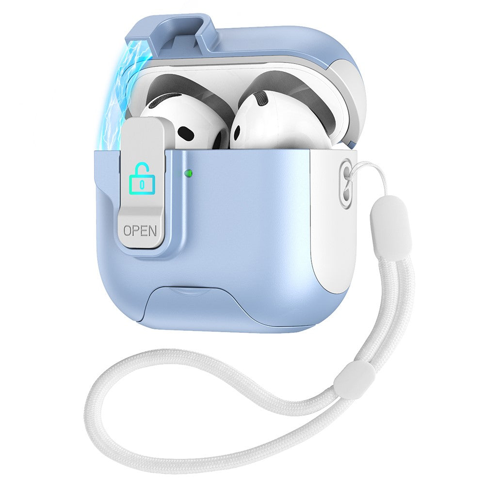 Compatible With  AirPods 5 / 4 Protective Case Splicing Color Earphone Cover with Auto Pop-Up Magnetic Lid  /  Lanyard - White  /  Baby Blue