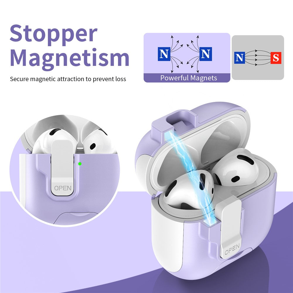 Compatible With  AirPods 5 / 4 Protective Case Splicing Color Earphone Cover with Auto Pop-Up Magnetic Lid  /  Lanyard - White  /  Baby Blue