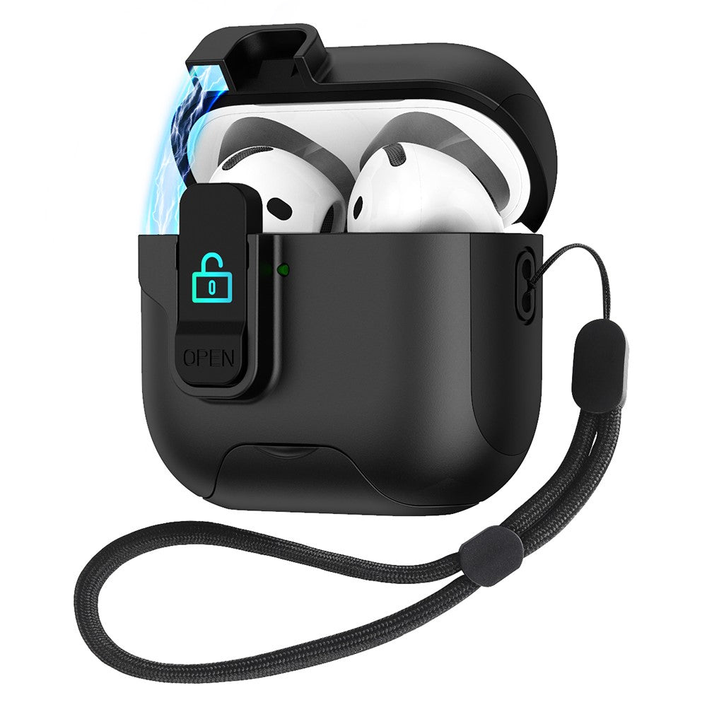 Compatible With  AirPods 5 / 4 Protective Case Splicing Color Earphone Cover with Auto Pop-Up Magnetic Lid  /  Lanyard - Black