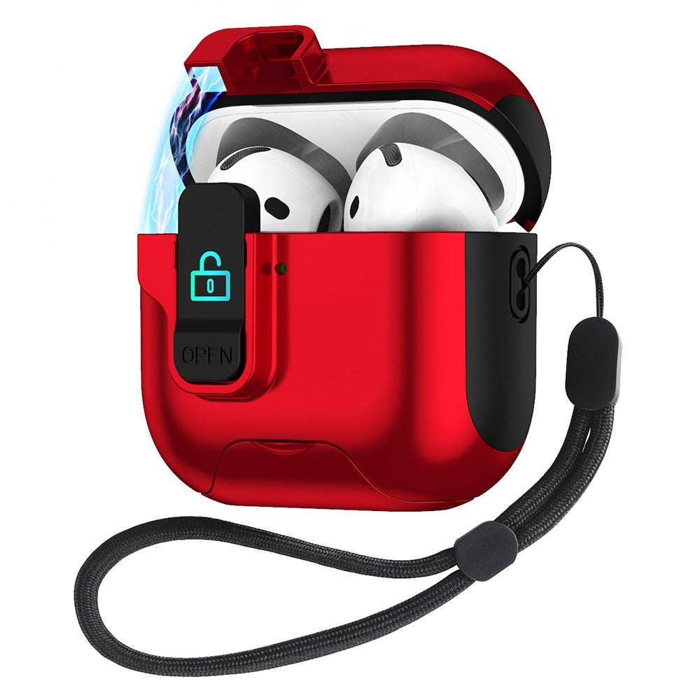 Compatible With  AirPods 5 / 4 Protective Case Splicing Color Earphone Cover with Auto Pop-Up Magnetic Lid  /  Lanyard - Red