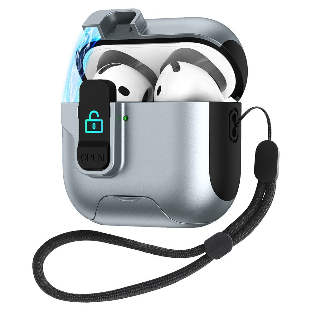 Compatible With  AirPods 5 / 4 Protective Case Splicing Color Earphone Cover with Auto Pop-Up Magnetic Lid  /  Lanyard - Grey