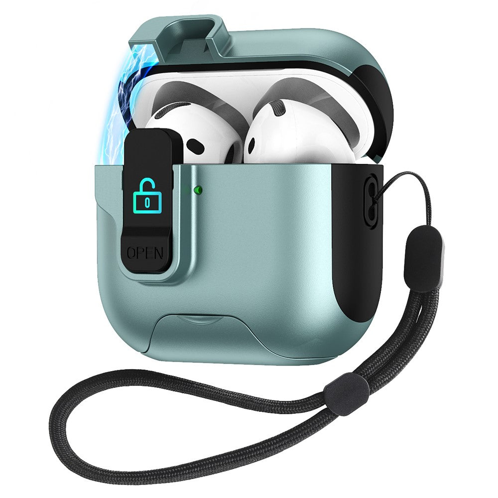Compatible With  AirPods 5 / 4 Protective Case Splicing Color Earphone Cover with Auto Pop-Up Magnetic Lid  /  Lanyard - Green