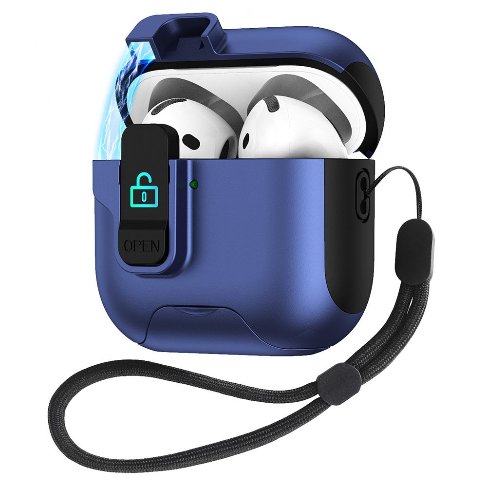 Compatible With  AirPods 5 / 4 Protective Case Splicing Color Earphone Cover with Auto Pop-Up Magnetic Lid  /  Lanyard - Dark Blue