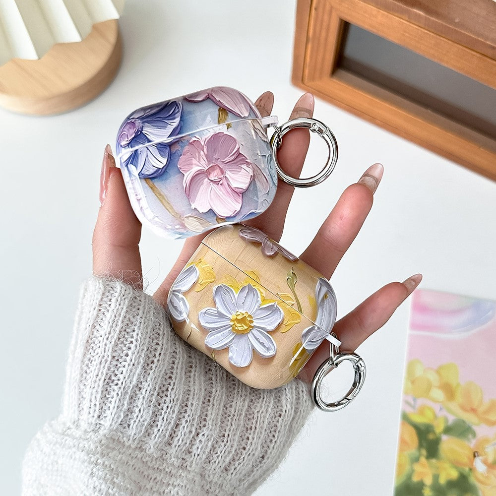 Compatible With  AirPods 5 / 4 TPU Case Oil Painting Design Water Transfer Decal Earphone Protective Cover with Carabiner - YH01