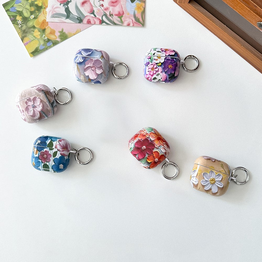 Compatible With  AirPods 5 / 4 TPU Case Oil Painting Design Water Transfer Decal Earphone Protective Cover with Carabiner - YH01
