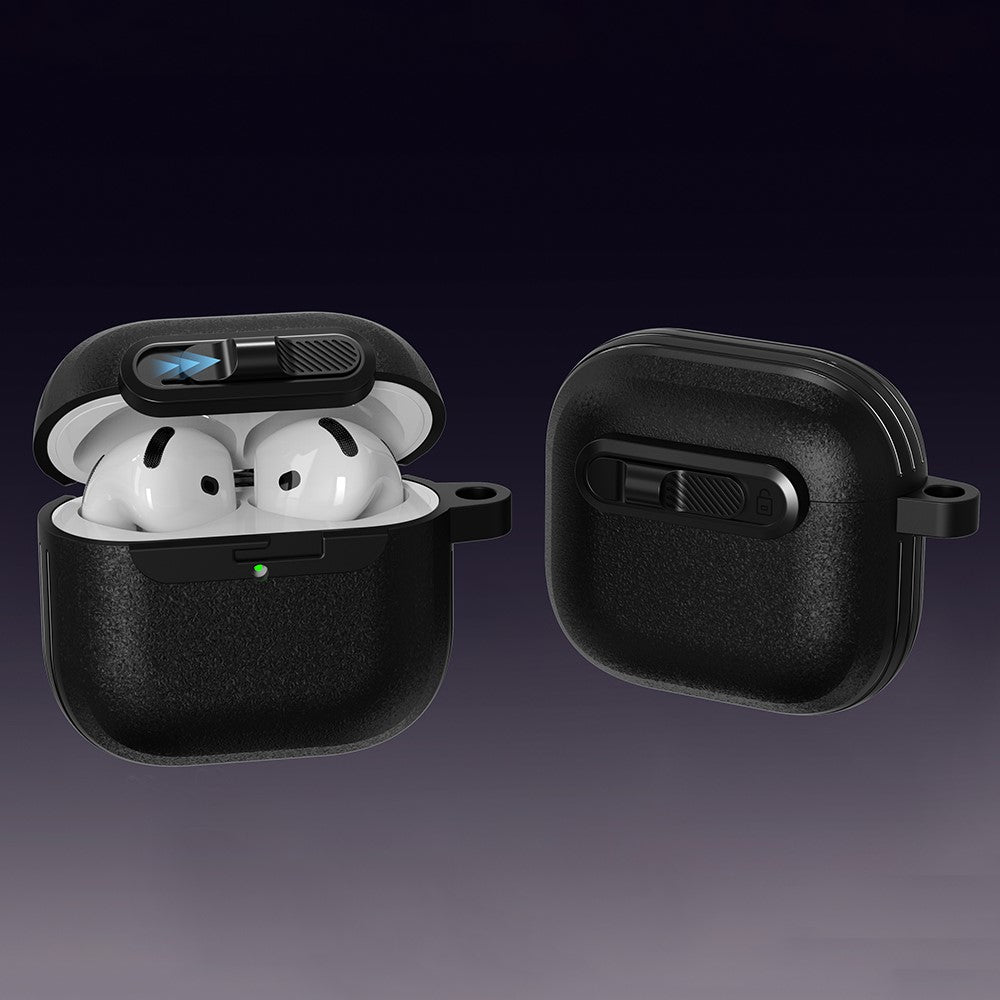 Compatible With  AirPods 5 / 4 Protective Case Lock Buckle Switch TPU + PC Wireless Earphones Cover with Carabiner - Black