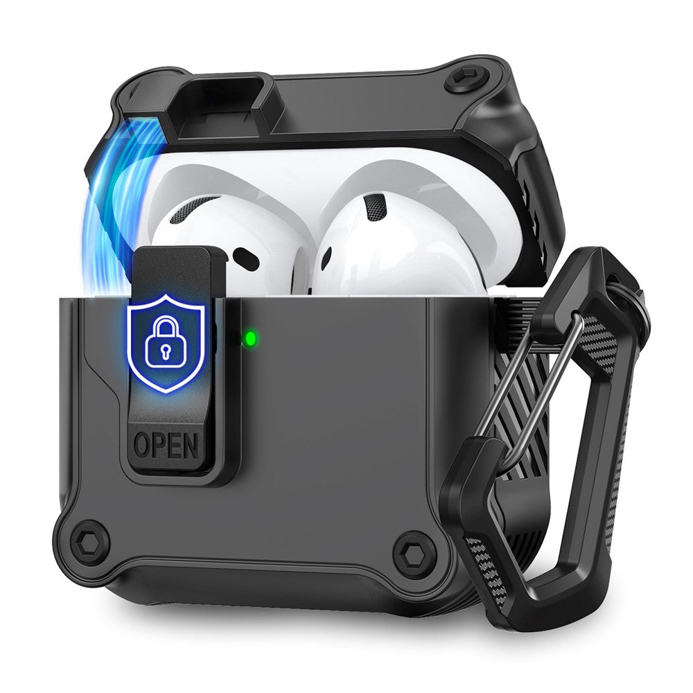 AHASTYLE WG167 Compatible With  AirPods 5 / 4 Protective Case Integrated Safety Lock Switch Button Earphone Cover with Carabiner - Black