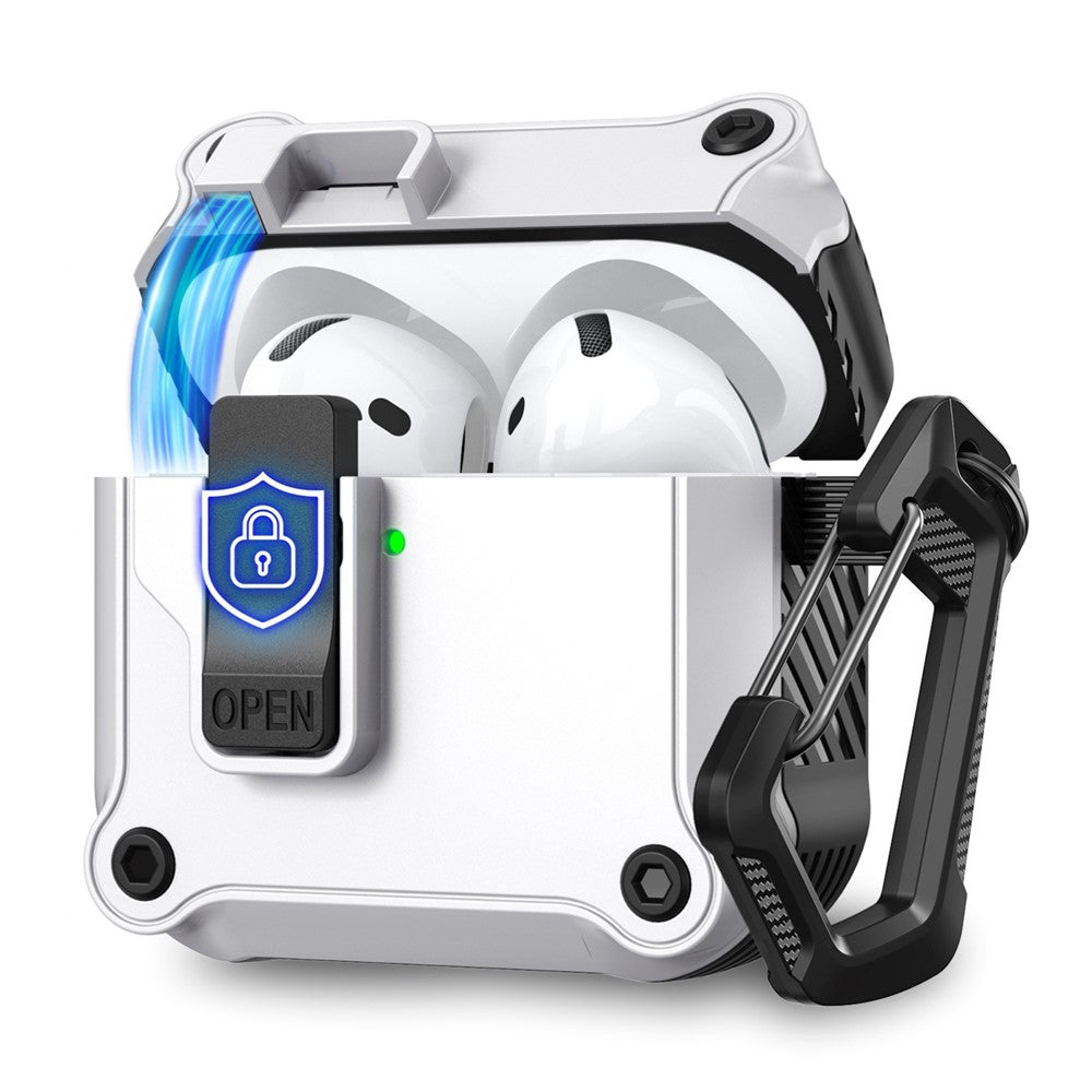 AHASTYLE WG167 Compatible With  AirPods 5 / 4 Protective Case Integrated Safety Lock Switch Button Earphone Cover with Carabiner - White