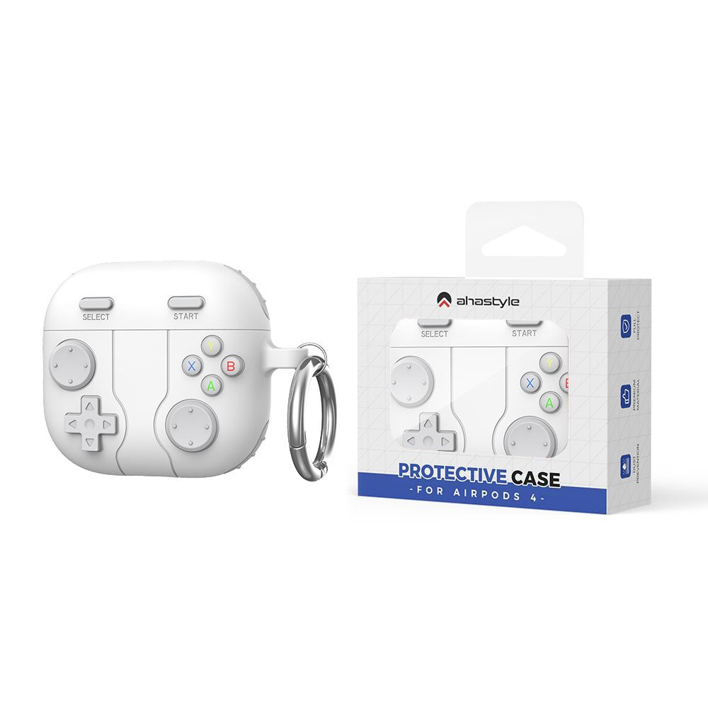 AHASTYLE WG166 Compatible With  AirPods 5 / 4 Protective Case Game Console Design Silicone Earphone Cover with Carabiner - White