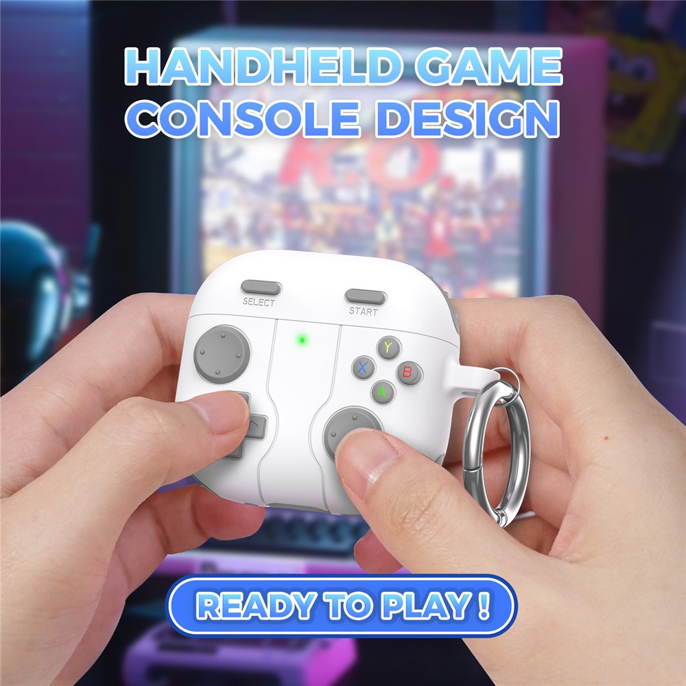 AHASTYLE WG166 Compatible With  AirPods 5 / 4 Protective Case Game Console Design Silicone Earphone Cover with Carabiner - White