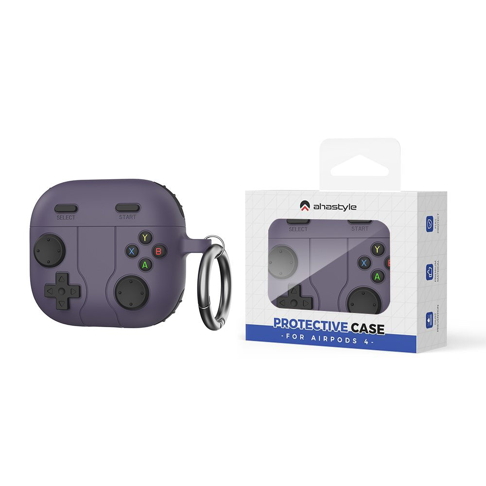 AHASTYLE WG166 Compatible With  AirPods 5 / 4 Protective Case Game Console Design Silicone Earphone Cover with Carabiner - Dark Purple