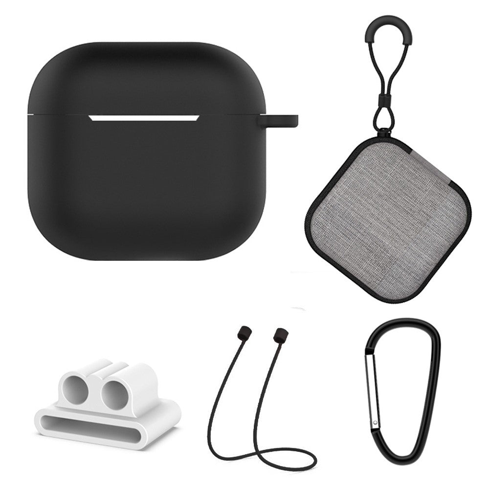 5Pcs  /  Set Compatible With  AirPods 5 / 4 Soft Silicone Case Kit with Keychain  /  Earphone Holder  /  Anti-Lost Neck Strap  /  Storage Case - Black