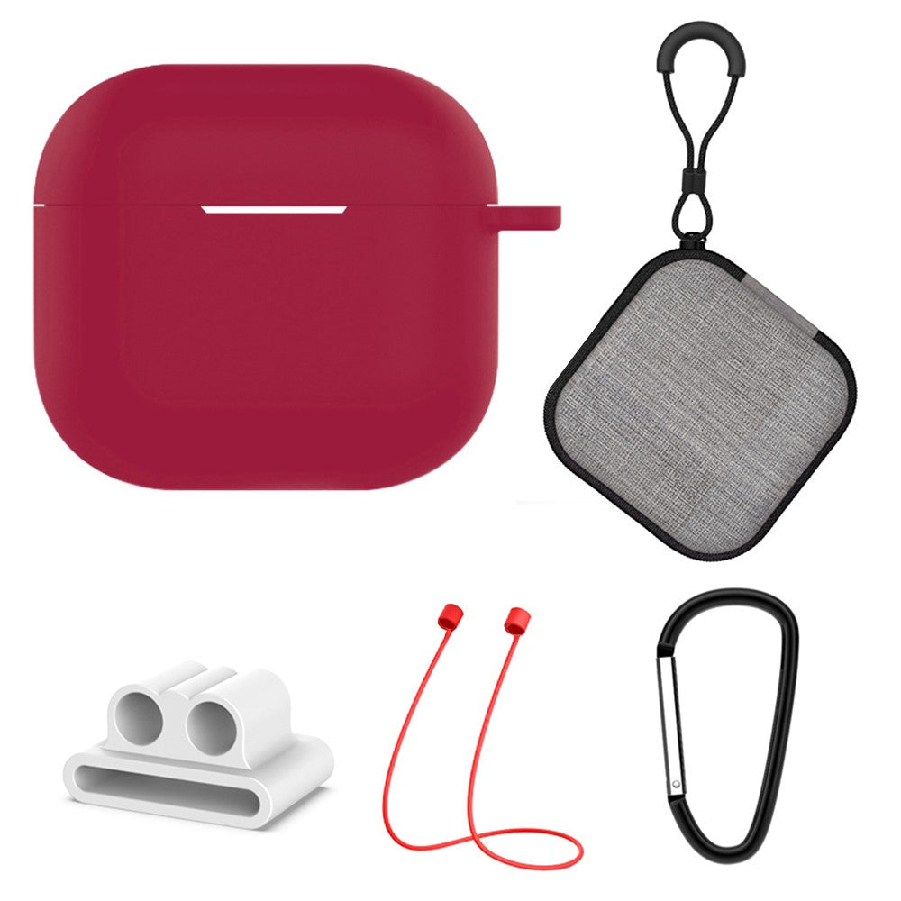 5Pcs  /  Set Compatible With  AirPods 5 / 4 Soft Silicone Case Kit with Keychain  /  Earphone Holder  /  Anti-lost Neck Strap  /  Storage Case - Wine Red
