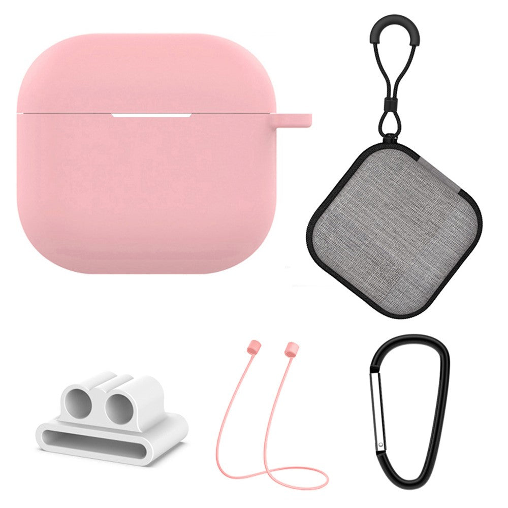 5Pcs  /  Set Compatible With  AirPods 5 / 4 Soft Silicone Case Kit with Keychain  /  Earphone Holder  /  Anti-lost Neck Strap  /  Storage Case - Pink