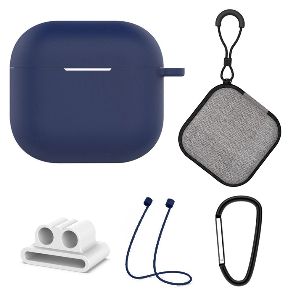 5Pcs  /  Set Compatible With  AirPods 5 / 4 Soft Silicone Case Kit with Keychain  /  Earphone Holder  /  Anti-lost Neck Strap  /  Storage Case - Dark Blue