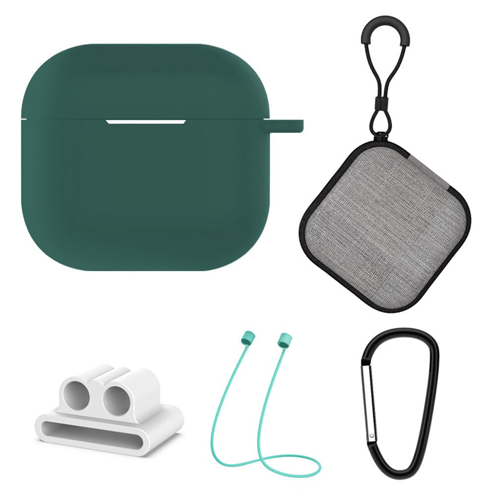 5Pcs  /  Set Compatible With  AirPods 5 / 4 Soft Silicone Case Kit with Keychain  /  Earphone Holder  /  Anti-lost Neck Strap  /  Storage Case - Blackish Green