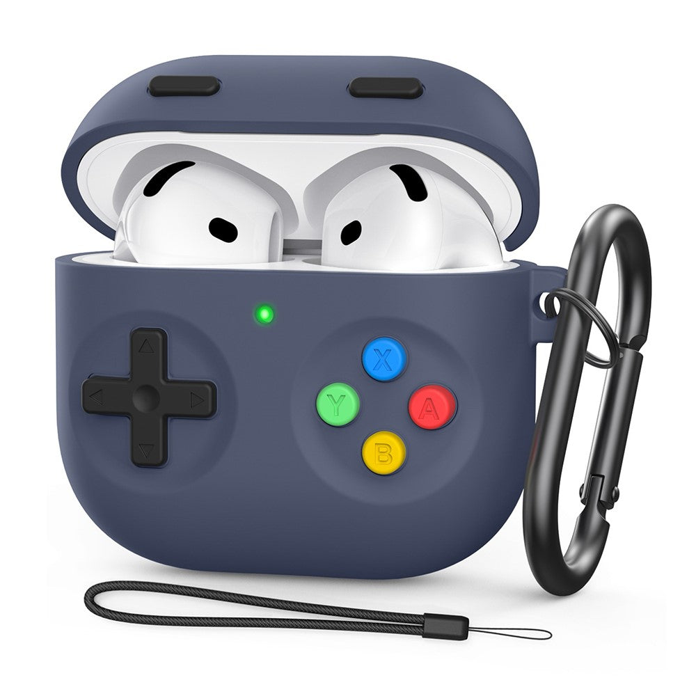 AHASTYLE PT-DD10 Compatible With  AirPods 5 / 4 Silicone Case Game Console Design Split Protective Cover with Carabiner / Strap - Midnight Blue