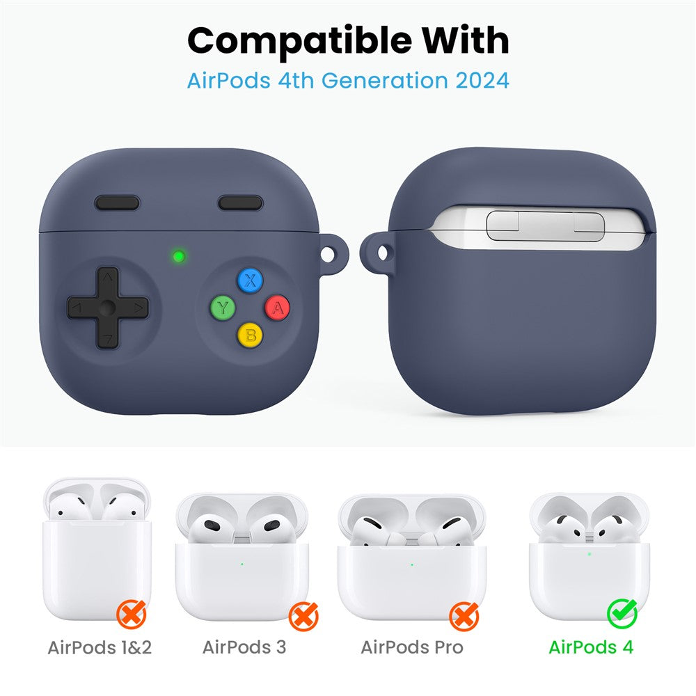 AHASTYLE PT-DD10 Compatible With  AirPods 5 / 4 Silicone Case Game Console Design Split Protective Cover with Carabiner / Strap - Midnight Blue