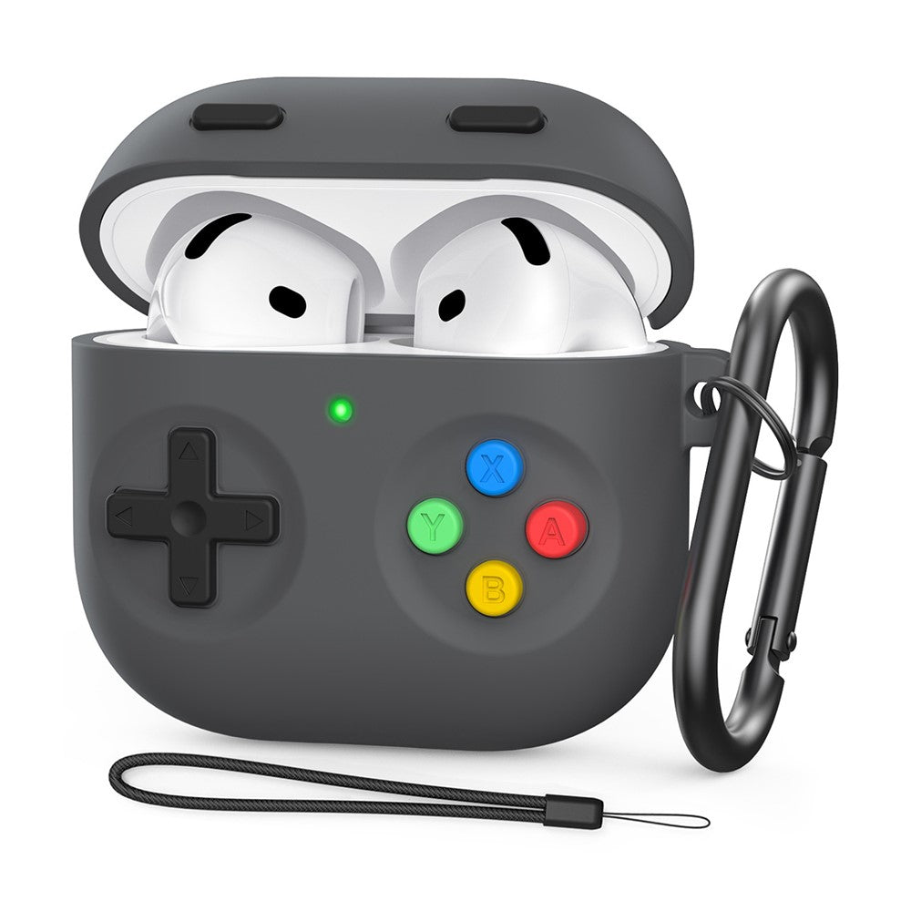AHASTYLE PT-DD10 Compatible With  AirPods 5 / 4 Silicone Case Game Console Design Split Protective Cover with Carabiner / Strap - Dark Grey