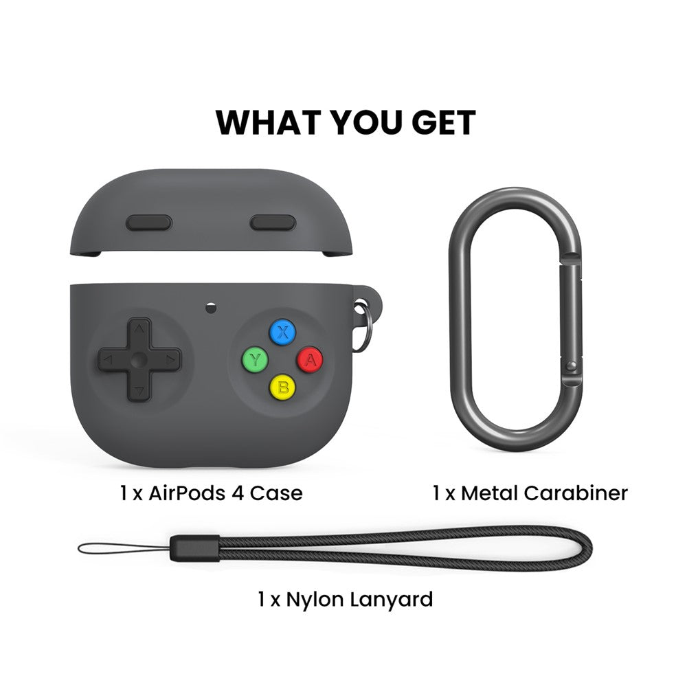 AHASTYLE PT-DD10 Compatible With  AirPods 5 / 4 Silicone Case Game Console Design Split Protective Cover with Carabiner / Strap - Dark Grey
